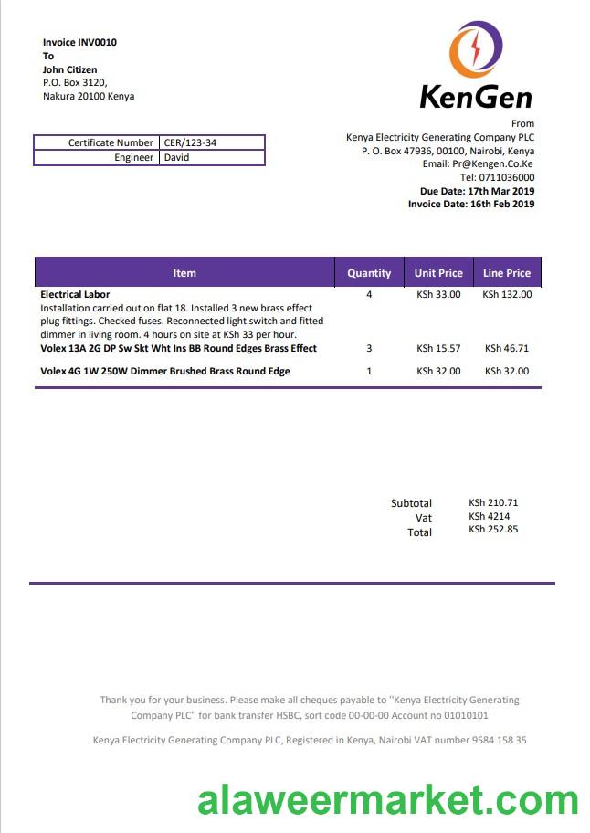 Kenya KenGen Electricity Generating Company utility bill template in Word and PDF format